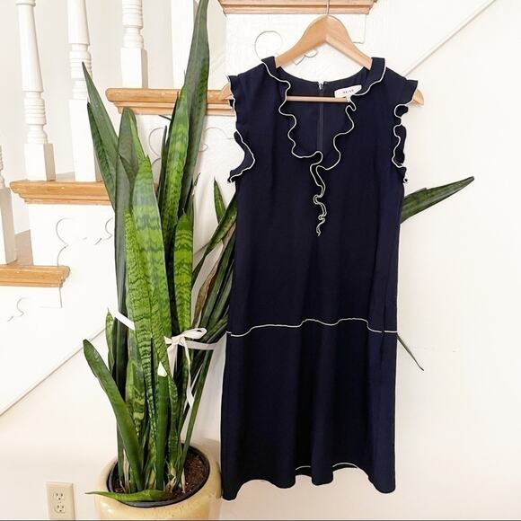 REISS navy blue ruffle white mini dress v-neck 2 - Picture 1 of 9